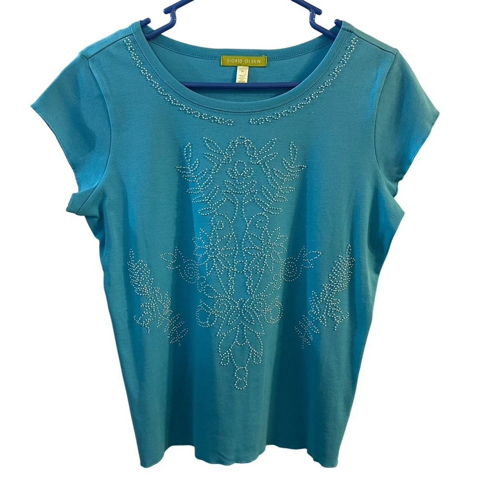 Sigrid Olsen Women's Blue Beaded Short‎ Sleeve Crew Neck T-Shirt Top Size Medium